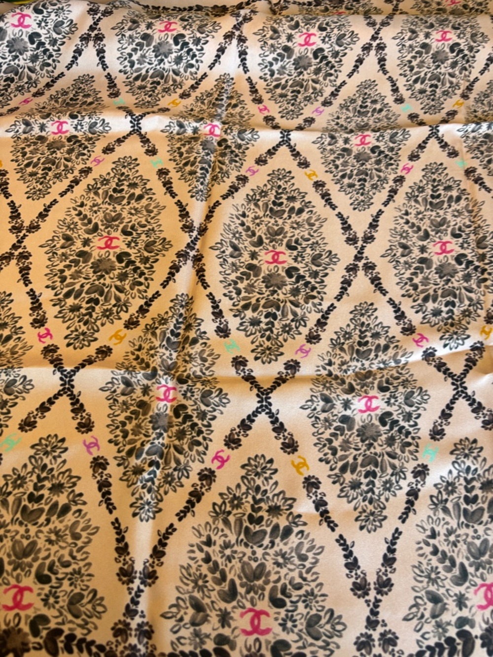 CHANEL Beige Silk Scarf with Black Damask and Pink/Yellow Accents